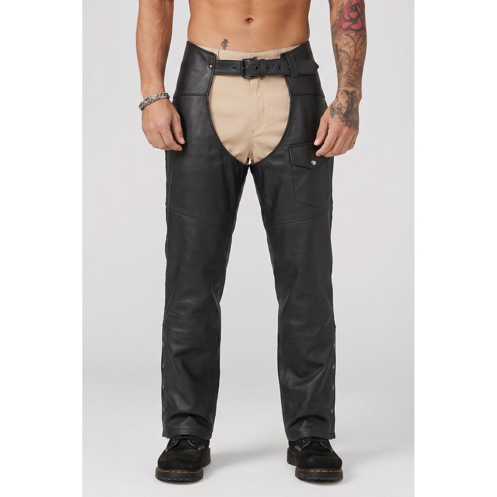 HWK Leather Motorcycle Chaps Mens 36 Genuine Leather Biker Riding Pants Rodeo